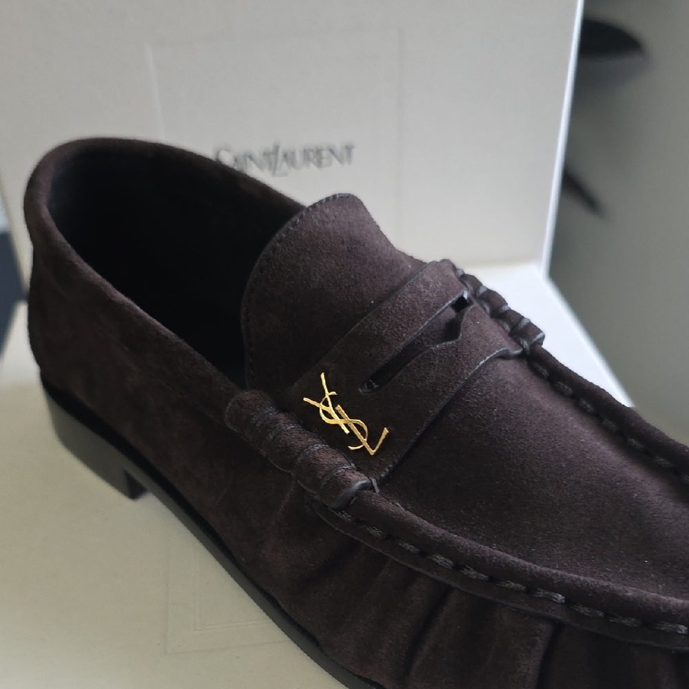 Saint Laurent Brown Suede Penny Loafers with Gold YSL Accent - Picture 9 of 13